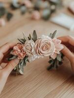 Crafting a floral crown with soft roses and greenery at a workspace photo