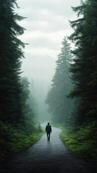 A solitary walk through a misty forest path in early morning photo