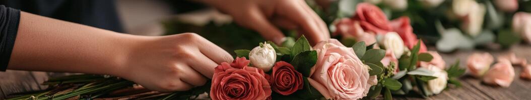 Crafting a floral arrangement with beautiful roses and greenery photo