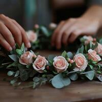 Crafting a flower crown with delicate roses and greenery photo
