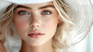 Elegant woman with light blonde hair and wide-brim hat in close-up photo