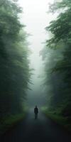 A lone figure walking through a misty forest path at dawn photo
