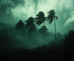 Hurricane winds bend palm trees under dark, ominous skies photo