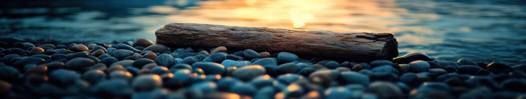 Peaceful lakeside view with stones and a log during sunset photo