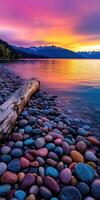 Beautiful sunset over tranquil lake with colorful pebbles photo