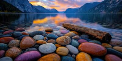 Colorful pebbles along a tranquil lake at sunset in the mountains photo