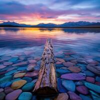 Vibrant sunset over colorful stones and log in tranquil lake photo