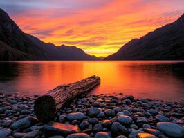 Vibrant sunset over a tranquil lake surrounded by mountains photo