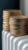 Stacked coins perched on a radiator in a cozy indoor setting photo