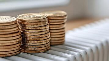 Stacks of coins on a white radiator in a cozy indoor setting photo