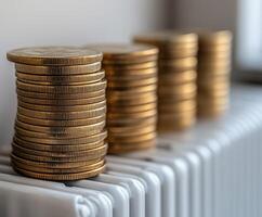Stacks of coins arranged neatly on a radiator under soft light photo
