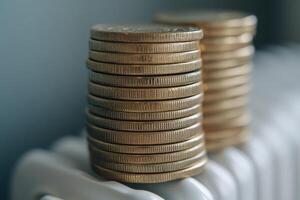 Stacked coins resting on a white radiator in a cozy indoor setting photo