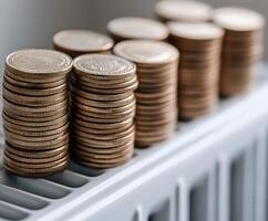 Coins stacked neatly on a gray shelf in bright light photo