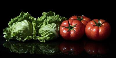Fresh lettuce and ripe tomatoes arranged on a reflective surface photo