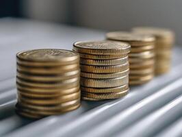Stacks of coins arranged in an orderly fashion on a surface photo