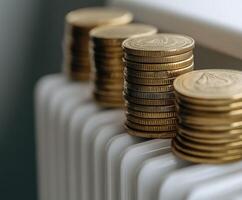 Stacked coins arranged on a white radiator in a bright room photo