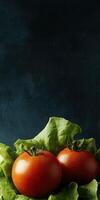 Fresh tomatoes and lettuce arranged against a dark background photo