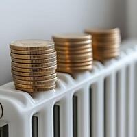 Stacked coins on a white radiator in a cozy indoor setting photo