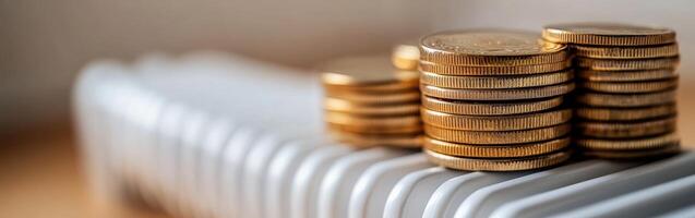 Stacks of coins placed on a white radiator during winter months photo