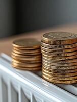 Stacked gold coins on a wooden surface with a radiator behind photo