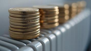 Stacked coins on a radiator highlighting financial challenges in winter photo