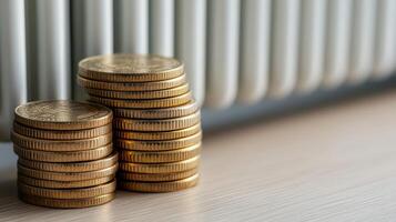 Stacks of golden coins next to a white radiator on a wooden surface photo