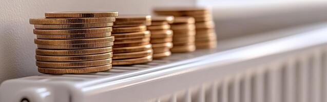 Coins on a radiator symbolize savings and budgeting tips photo