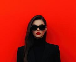 Stylish woman poses confidently against a vibrant red background photo