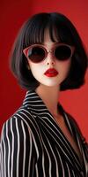 Stylish woman in bold sunglasses poses against vibrant backdrop photo