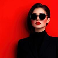 Model poses against vibrant red background with stylish sunglasses photo