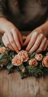 Creating a beautiful floral arrangement with soft pink roses photo