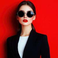 Model wearing stylish sunglasses with bold red background photo