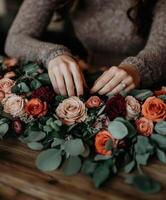 Crafting a beautiful floral arrangement with assorted roses and greens photo