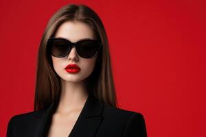 Stylish model wearing sunglasses with red lips against a bold background photo