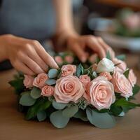 Creating a beautiful floral arrangement with pink roses and greenery photo