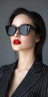 Model wears stylish sunglasses with bold red lips in fashion shoot photo