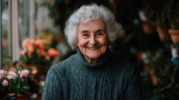 Elderly woman smiles warmly in a colorful greenhouse filled with plants photo