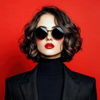 Stylish woman in sunglasses poses against a vibrant red background photo