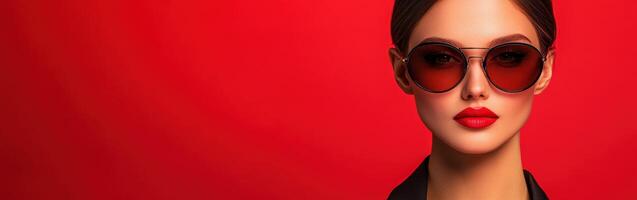 Model showcases trendy sunglasses against a vibrant red background photo