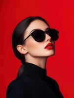 Model with stylish sunglasses poses against a vibrant red background photo
