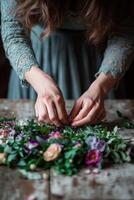 Crafting a beautiful floral arrangement with fresh blossoms and greenery photo