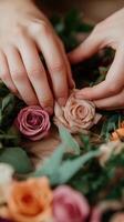 Creating a floral arrangement with delicate pastel roses and greenery photo