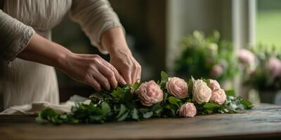 Creating a floral arrangement with pink roses and greenery indoors photo