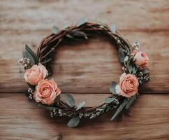 Elegant floral crown with soft pink roses on wooden background photo