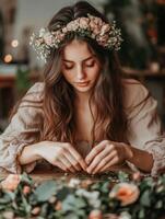 Young woman crafting floral arrangements in a cozy indoor setting photo