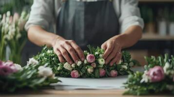 Florist arranging a beautiful floral wreath in a workshop setting photo