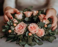 Creating a floral crown with pink roses and greenery indoors photo