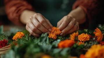 Crafting a vibrant flower arrangement with hands in focus photo