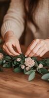 Crafting a floral arrangement with delicate petals and greenery photo