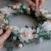 Creating a beautiful floral wreath with delicate pastel flowers photo